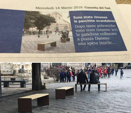 La fake news delle panchine rimosse: sono ancora a Piazza Duomo, ma non per la Gazzetta del Sud