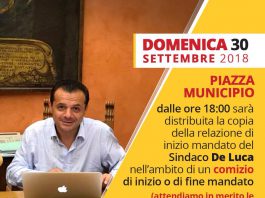 Relazione di inizio mandato di De Luca: appuntamento domenica alle 18 a Piazza Municipio